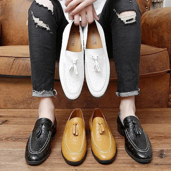 Men's White/Yellow/Black Orstrich Skin Embossed Genuine Leather Tassel Loafers Size 36-45